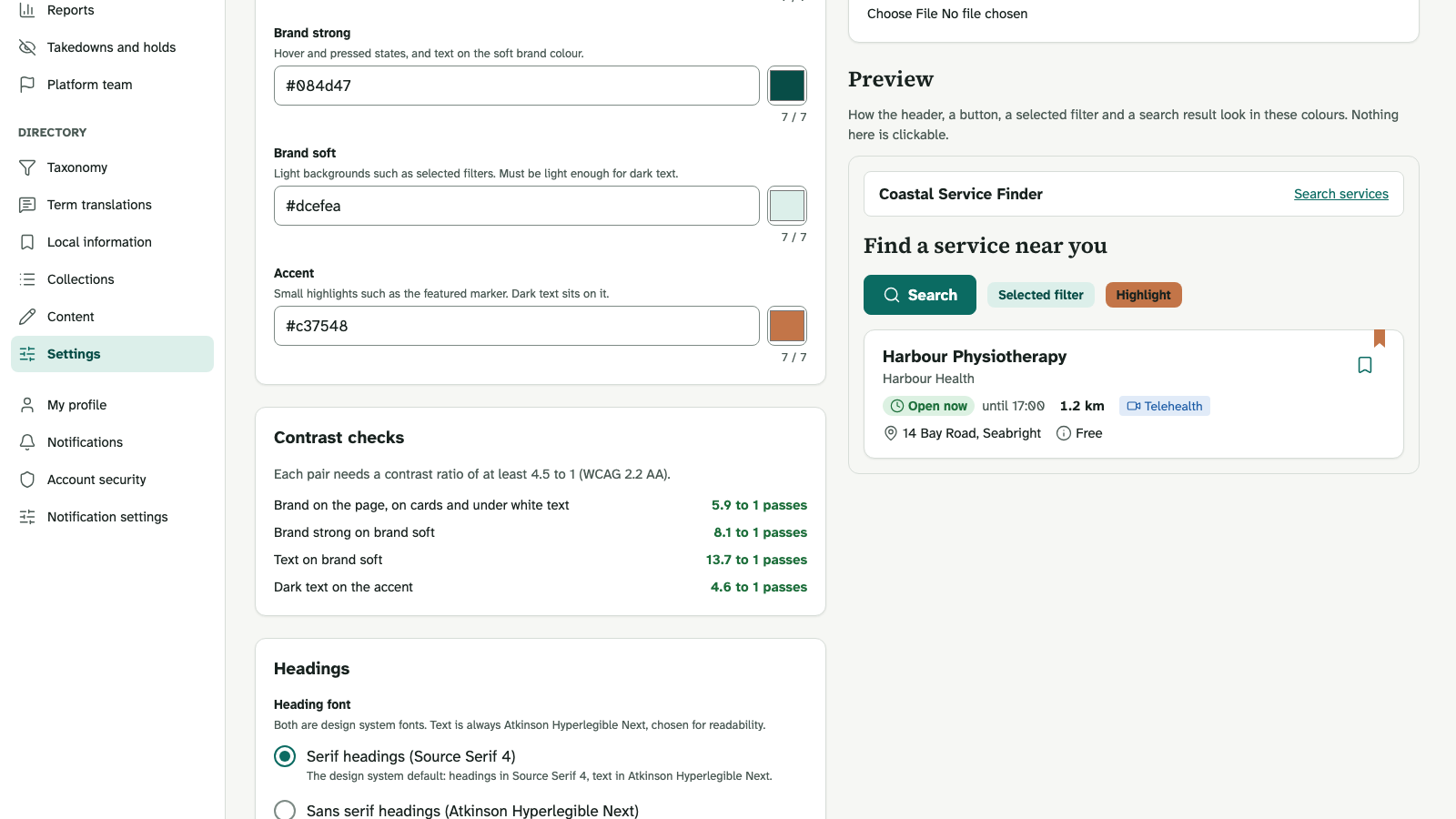 Hark directory administration screen showing branding controls and a branded directory preview