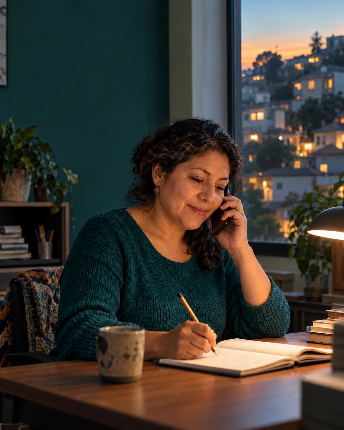 A woman carefully checks a detail by phone and records it in her notebook.