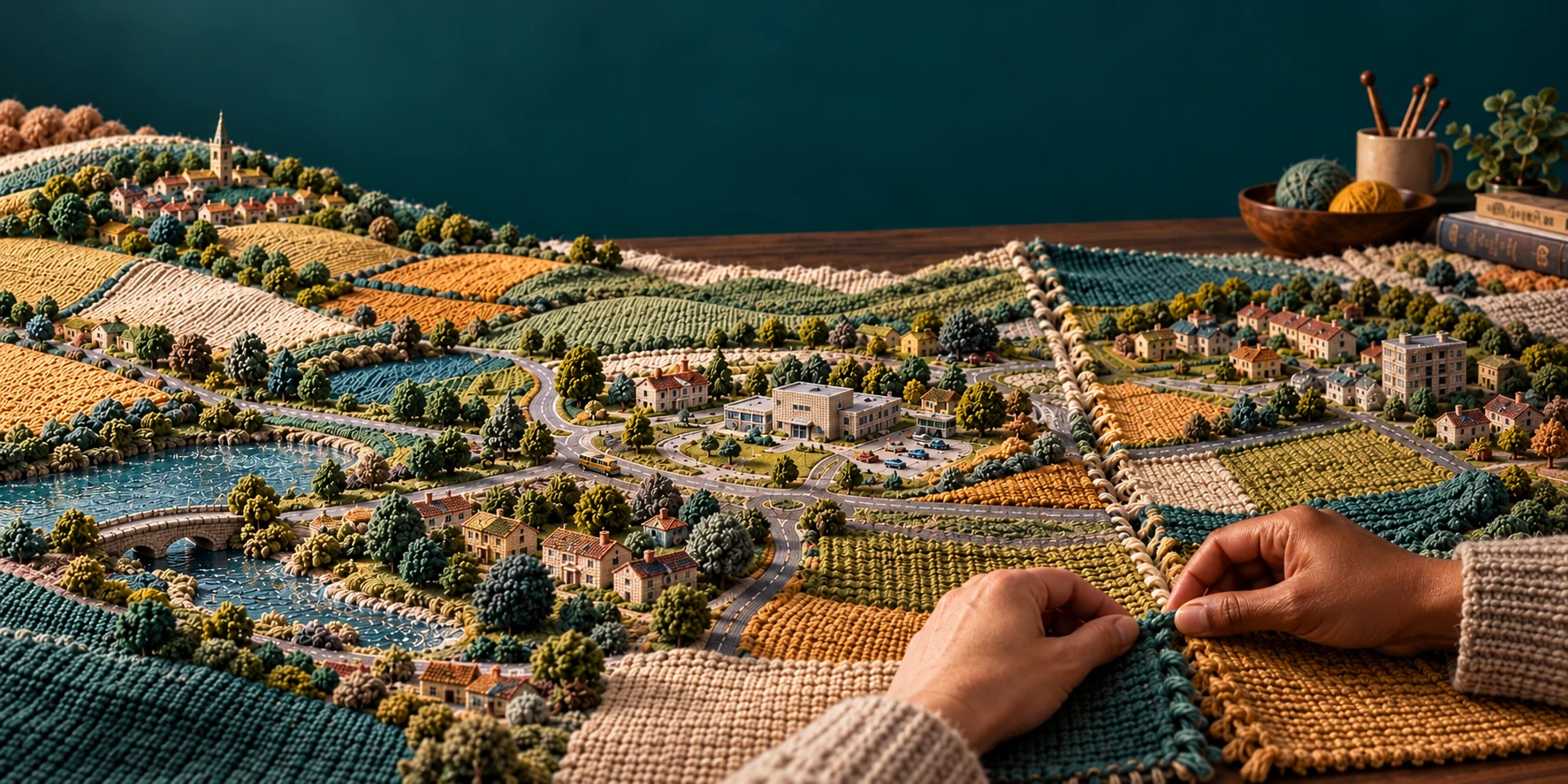 Hands join individual woven neighbourhoods into one richly detailed landscape, a metaphor for directories working together.