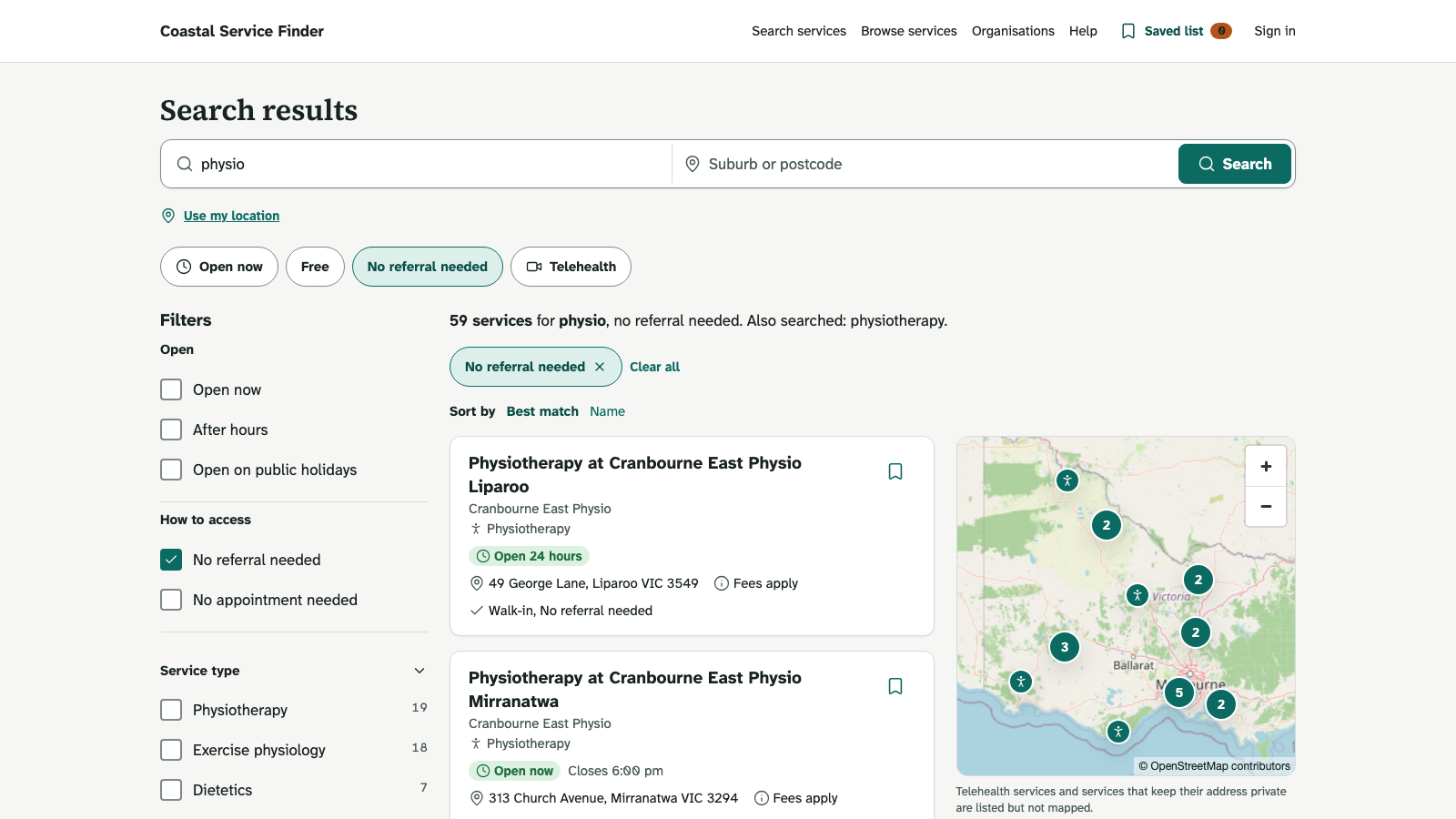 Demonstration directory search showing service results and filters